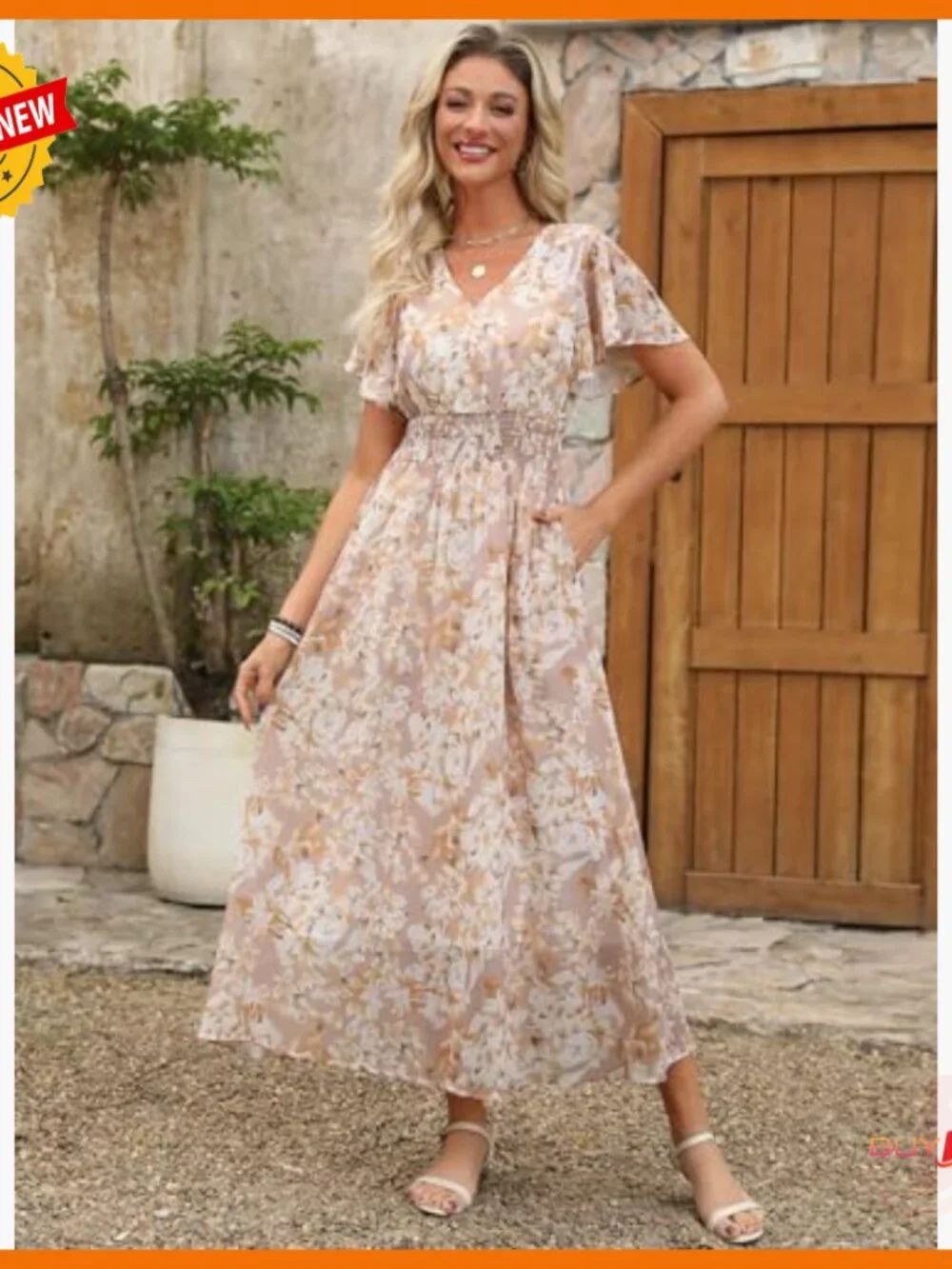 Summer Floral Maxi Dress V Neck Short Sleeve Chiffon Boho Beach Wedding Guest - Picture 2 of 7